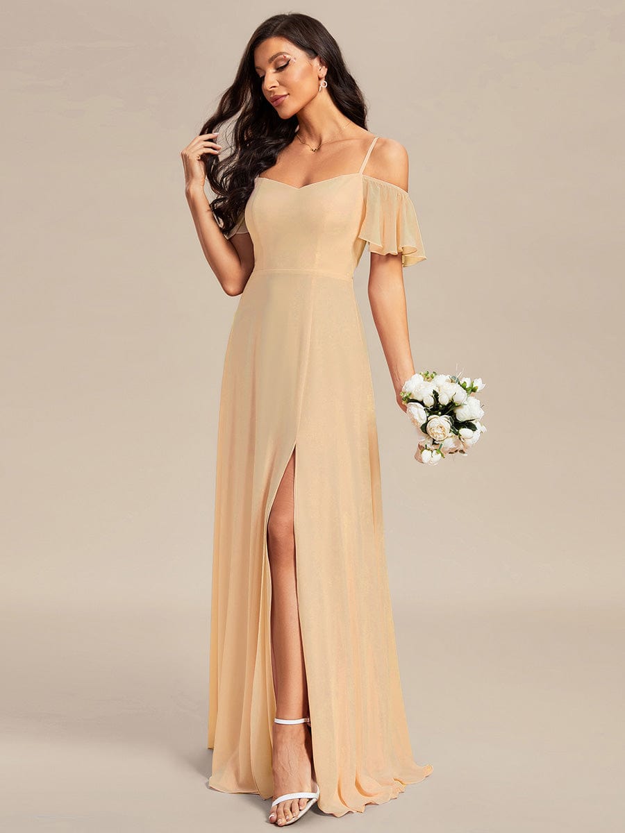 Stylish Cold Shoulder Flare Sleeves Flowy Bridesmaid Dress #color_Champagne