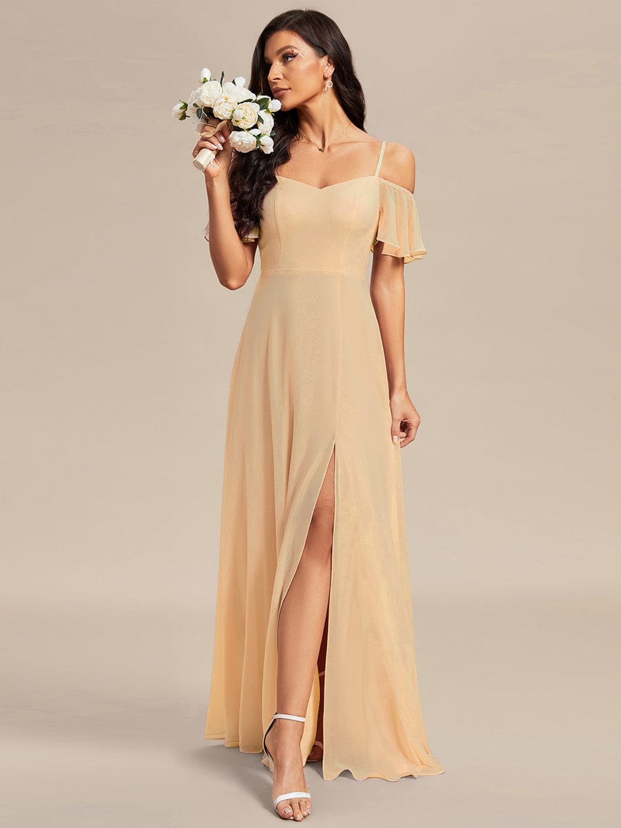 Stylish Cold Shoulder Flare Sleeves Flowy Bridesmaid Dress #color_Champagne