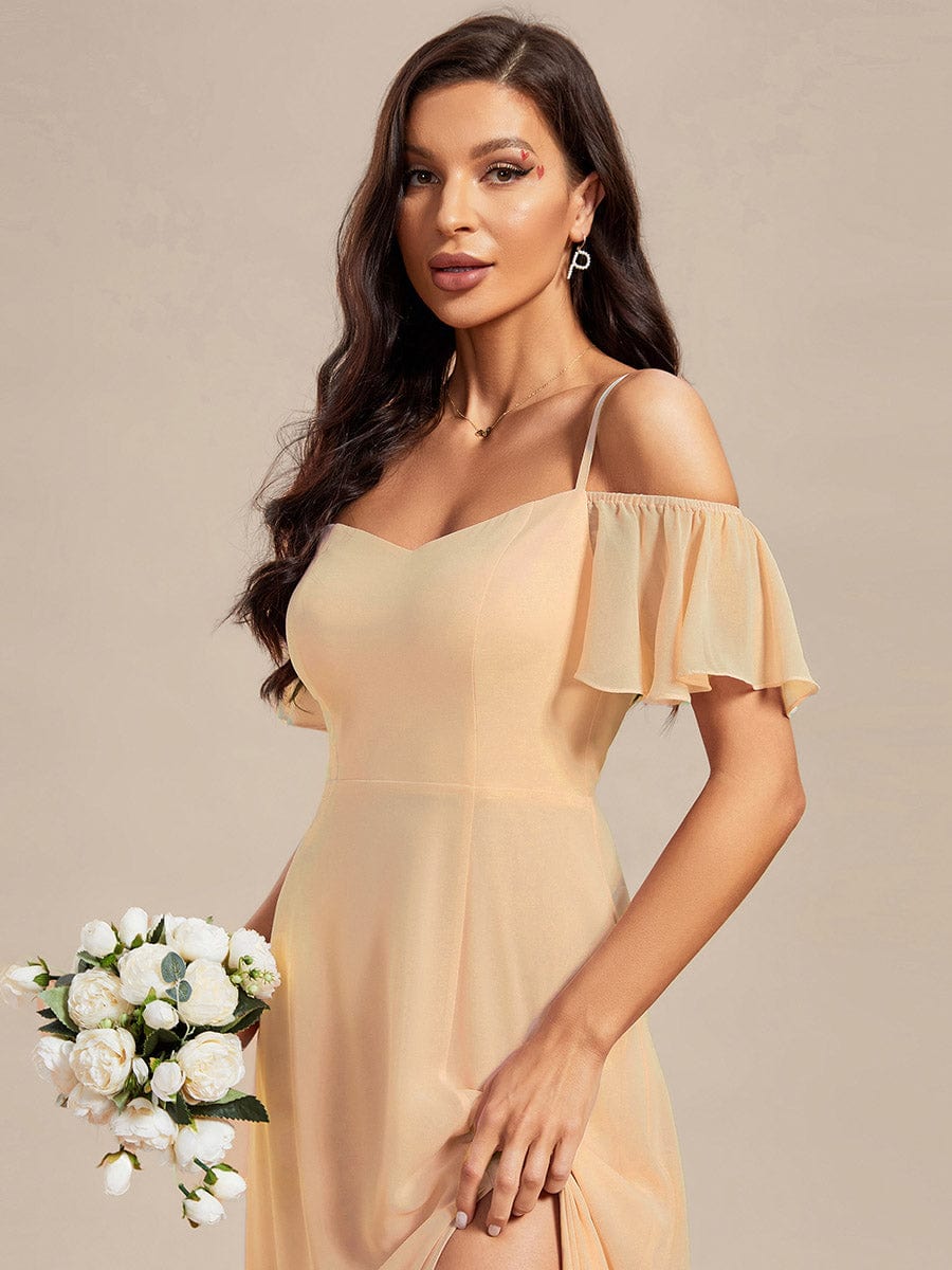 Stylish Cold Shoulder Flare Sleeves Flowy Bridesmaid Dress #color_Champagne