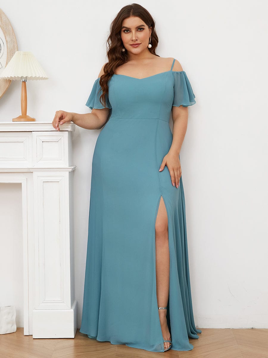 Plus Size Cold Shoulder Formal Bridesmaid Dress with Side Slit #color_Dusty Blue 