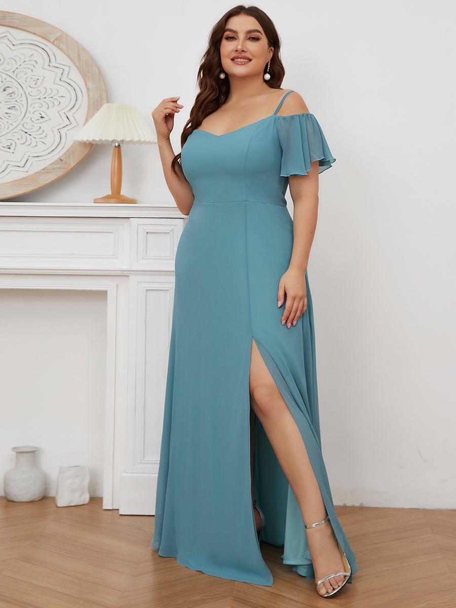Plus Size Cold Shoulder Formal Bridesmaid Dress with Side Slit #color_Dusty Blue 