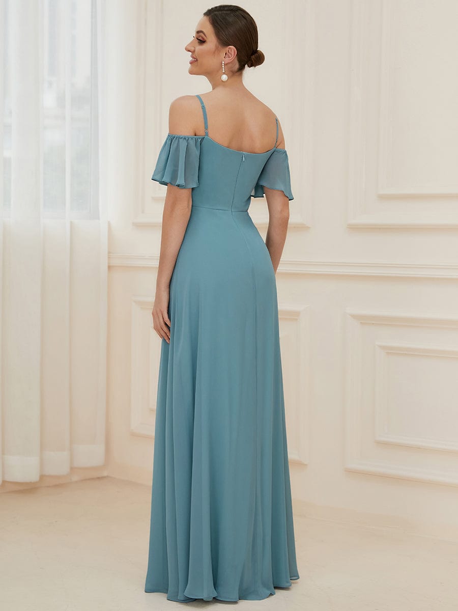 Stylish Cold Shoulder Flare Sleeves Flowy Bridesmaid Dress #color_Light Teal