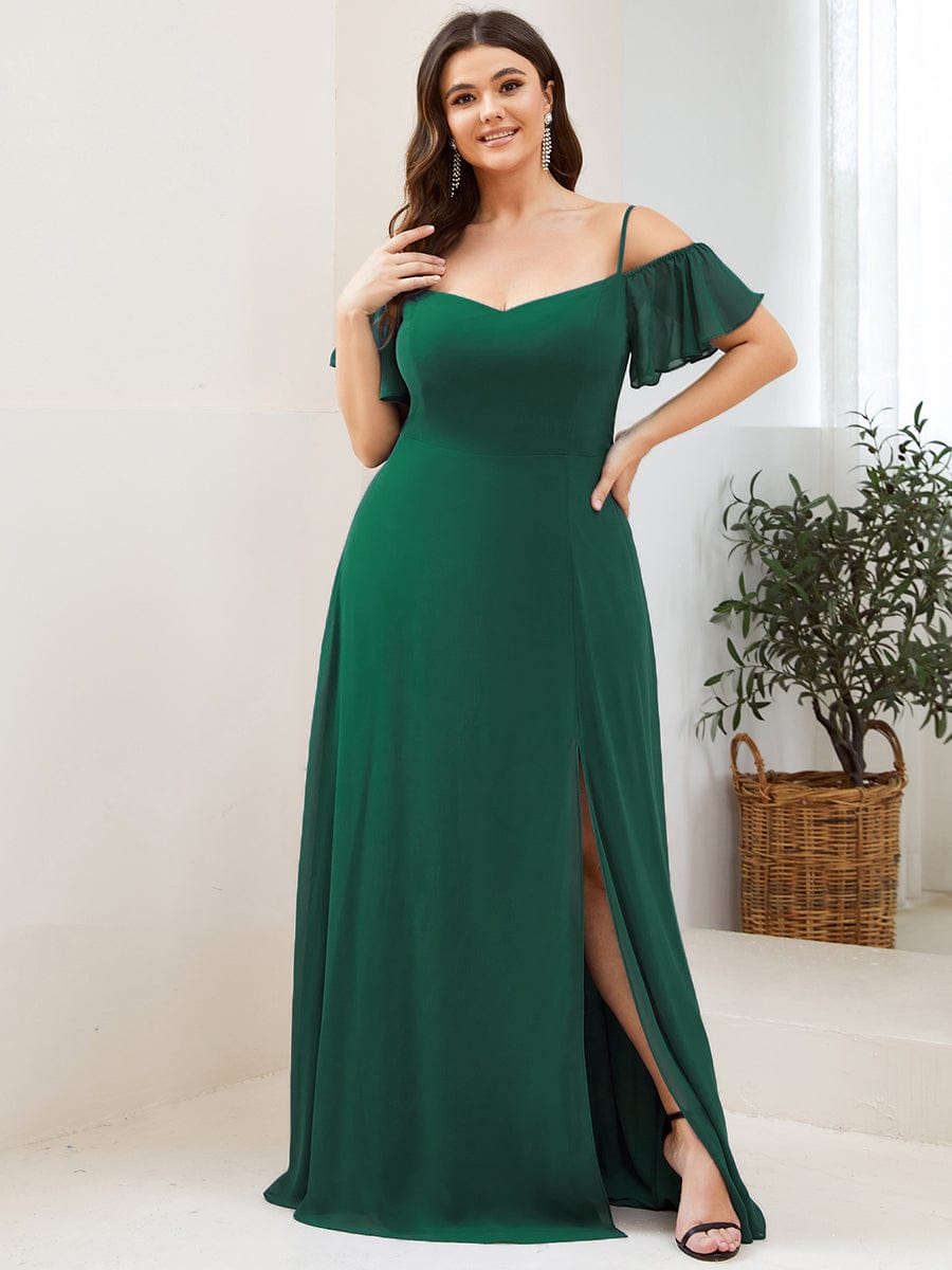 Plus Size Cold Shoulder Formal Bridesmaid Dress with Side Slit #color_Dark Green