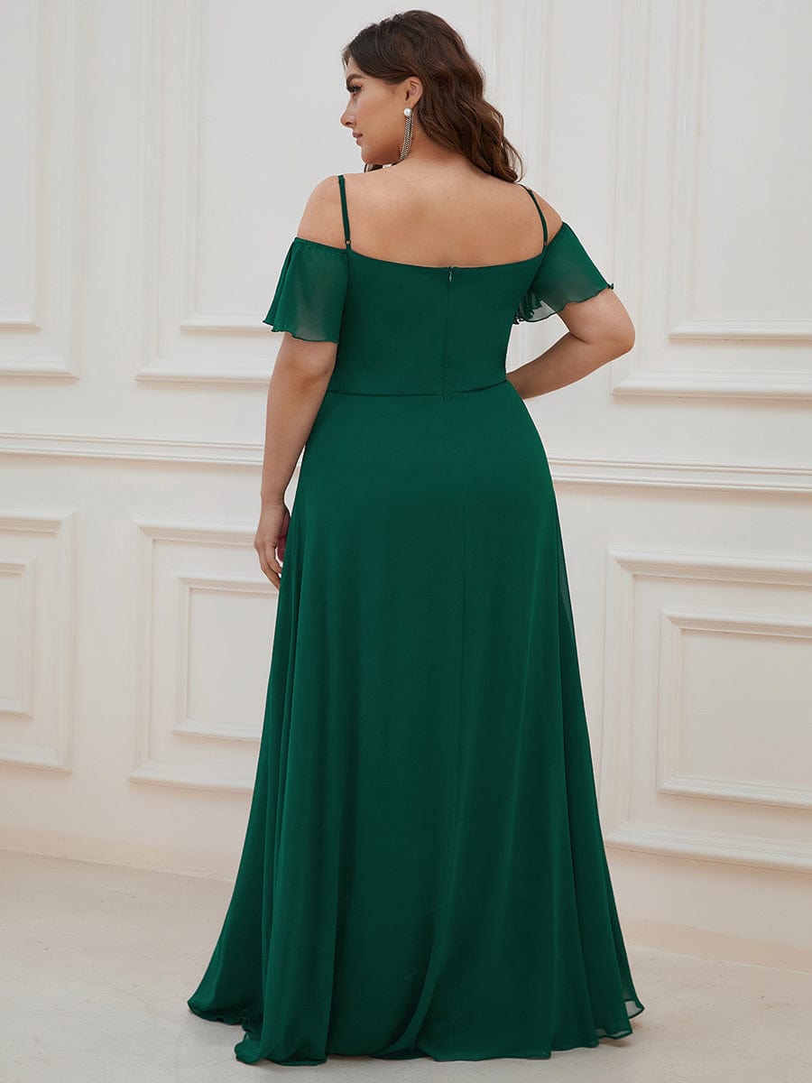 Stylish Cold Shoulder Flare Sleeves Flowy Bridesmaid Dress #color_Dark Green 