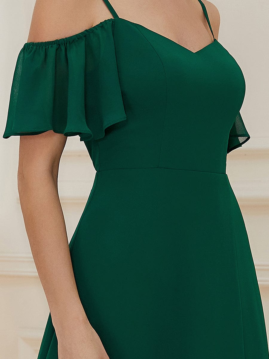 Stylish Cold Shoulder Flare Sleeves Flowy Bridesmaid Dress #color_Dark Green 