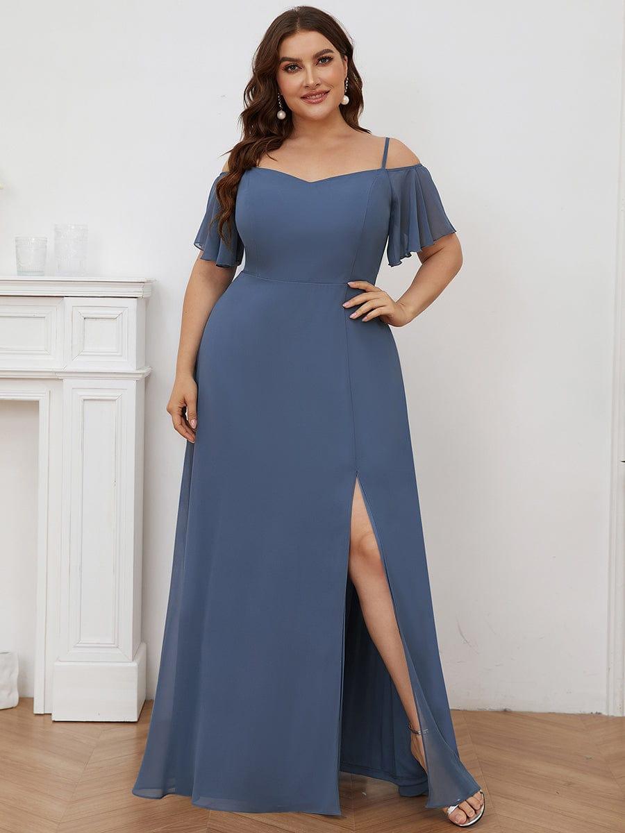 Plus Size Cold Shoulder Formal Bridesmaid Dress with Side Slit #color_Dusty Blue