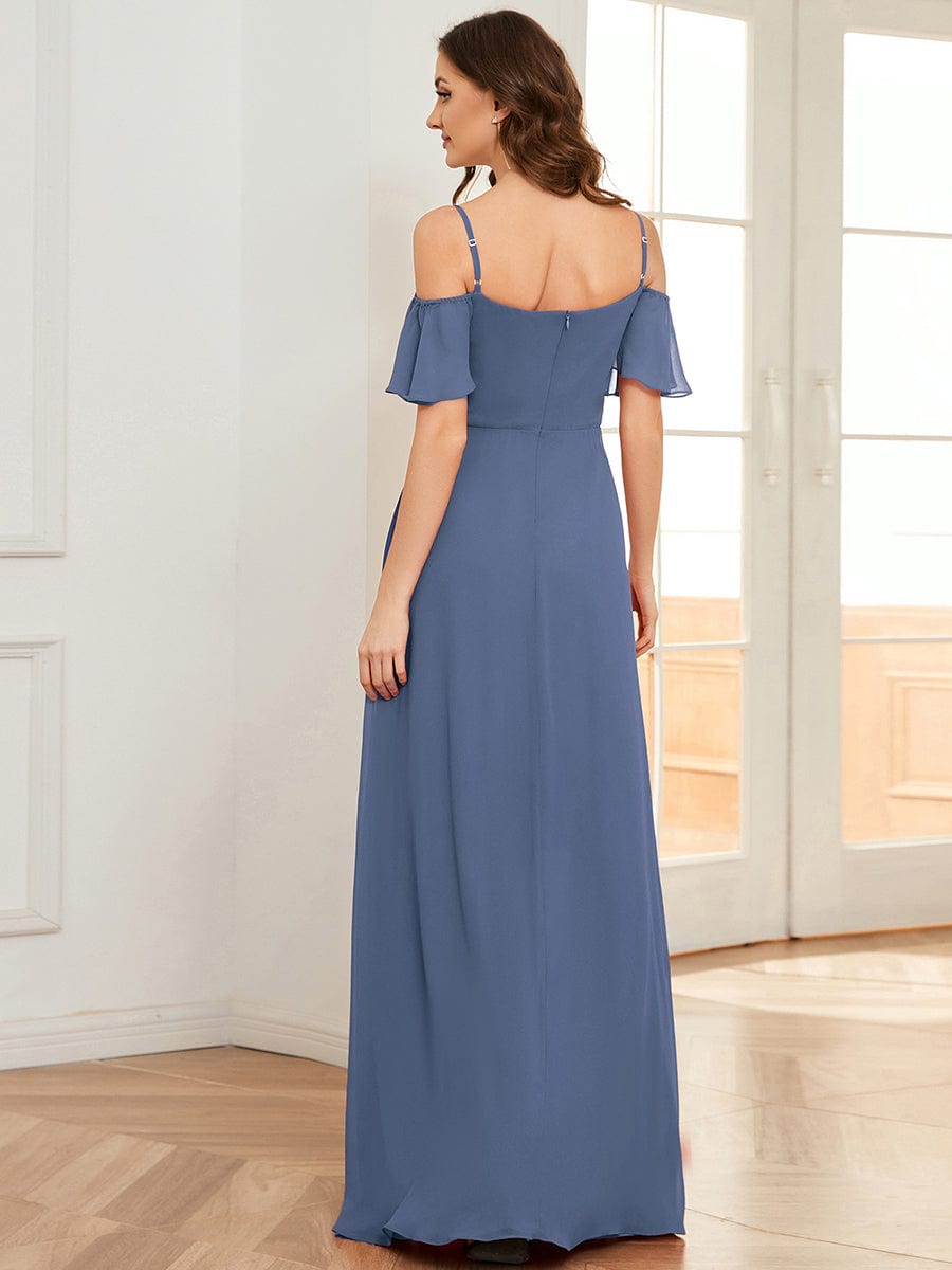 Stylish Cold Shoulder Flare Sleeves Flowy Bridesmaid Dress #color_Dusty Blue