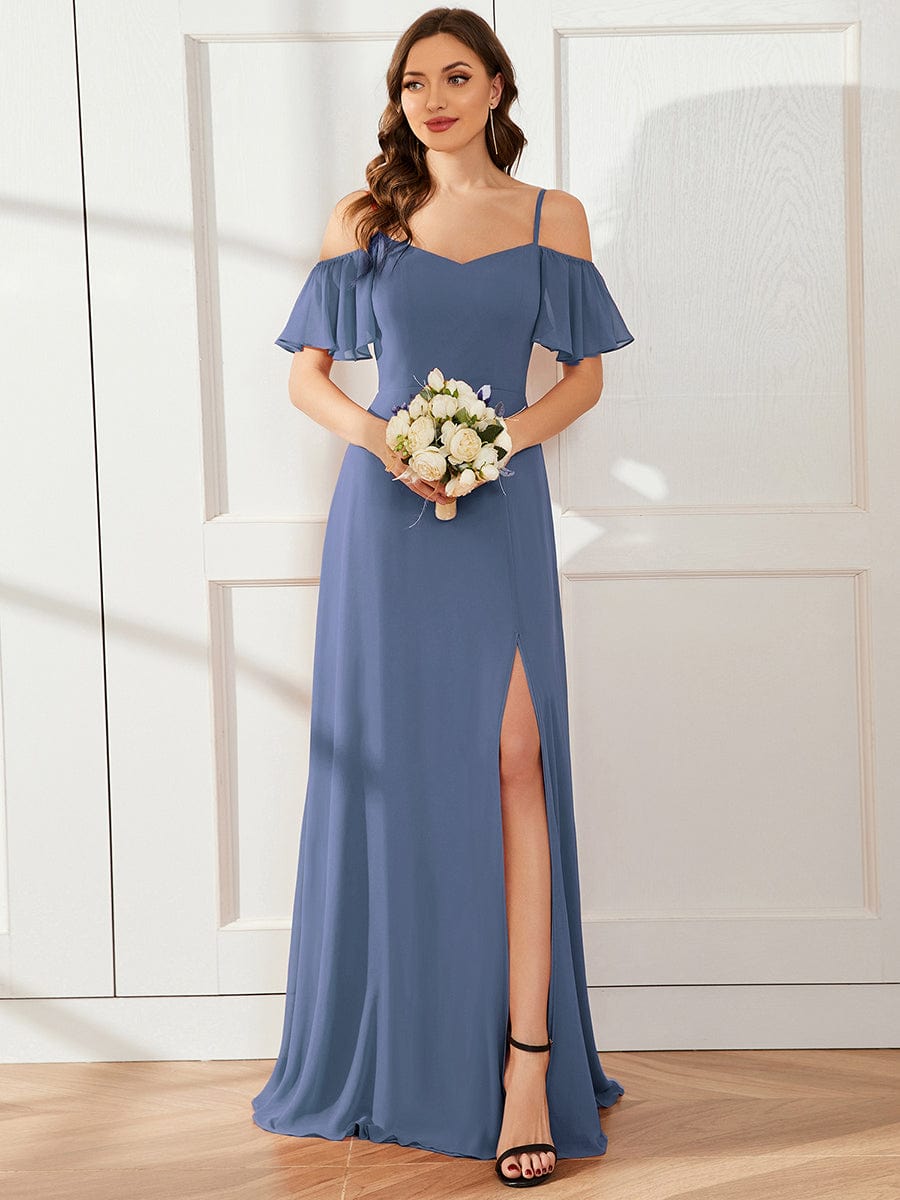 Stylish Cold Shoulder Flare Sleeves Flowy Bridesmaid Dress #color_Dusty Navy