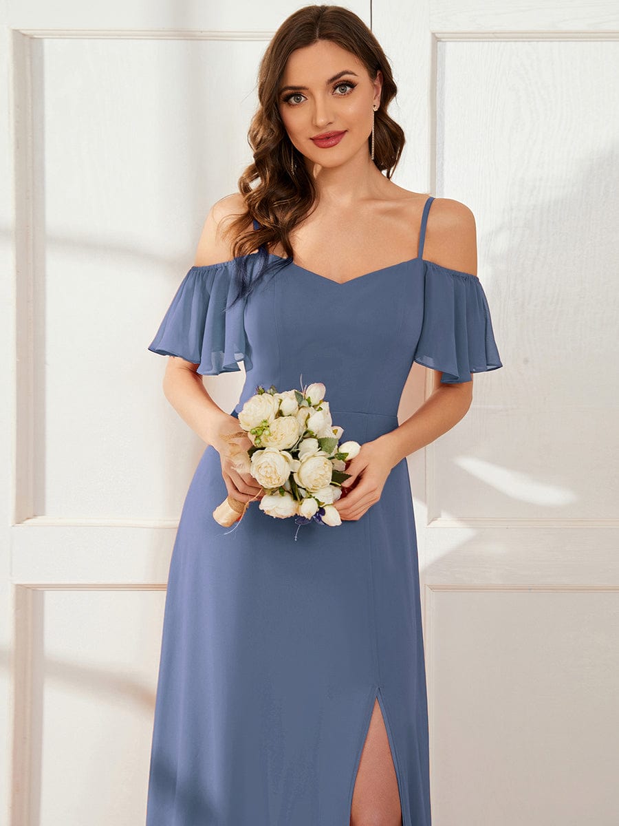 Stylish Cold Shoulder Flare Sleeves Flowy Bridesmaid Dress #color_Dusty Navy