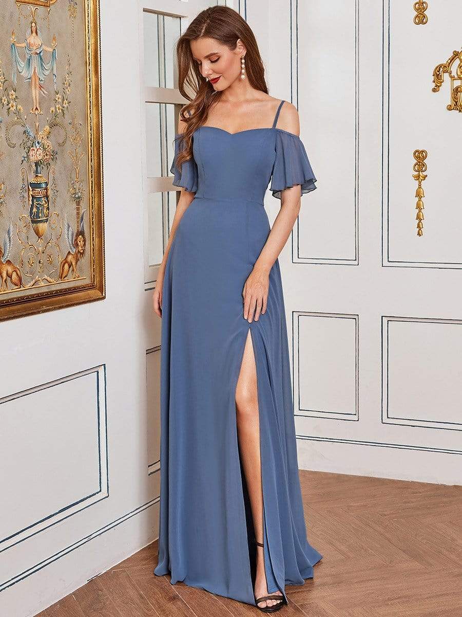 Stylish Cold Shoulder Flare Sleeves Flowy Bridesmaid Dress #color_Dusty Navy 
