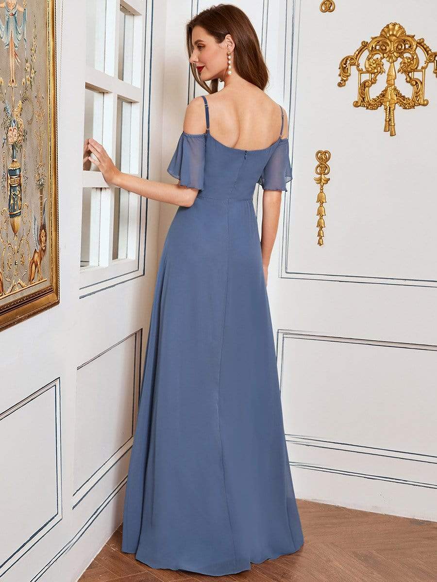 Stylish Cold Shoulder Flare Sleeves Flowy Bridesmaid Dress #color_Dusty Navy 