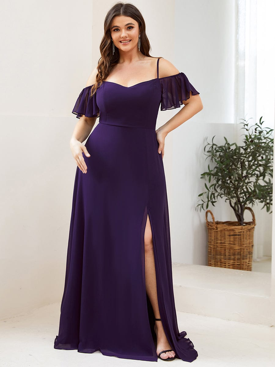 Stylish Cold Shoulder Flare Sleeves Flowy Bridesmaid Dress #color_Dark Purple