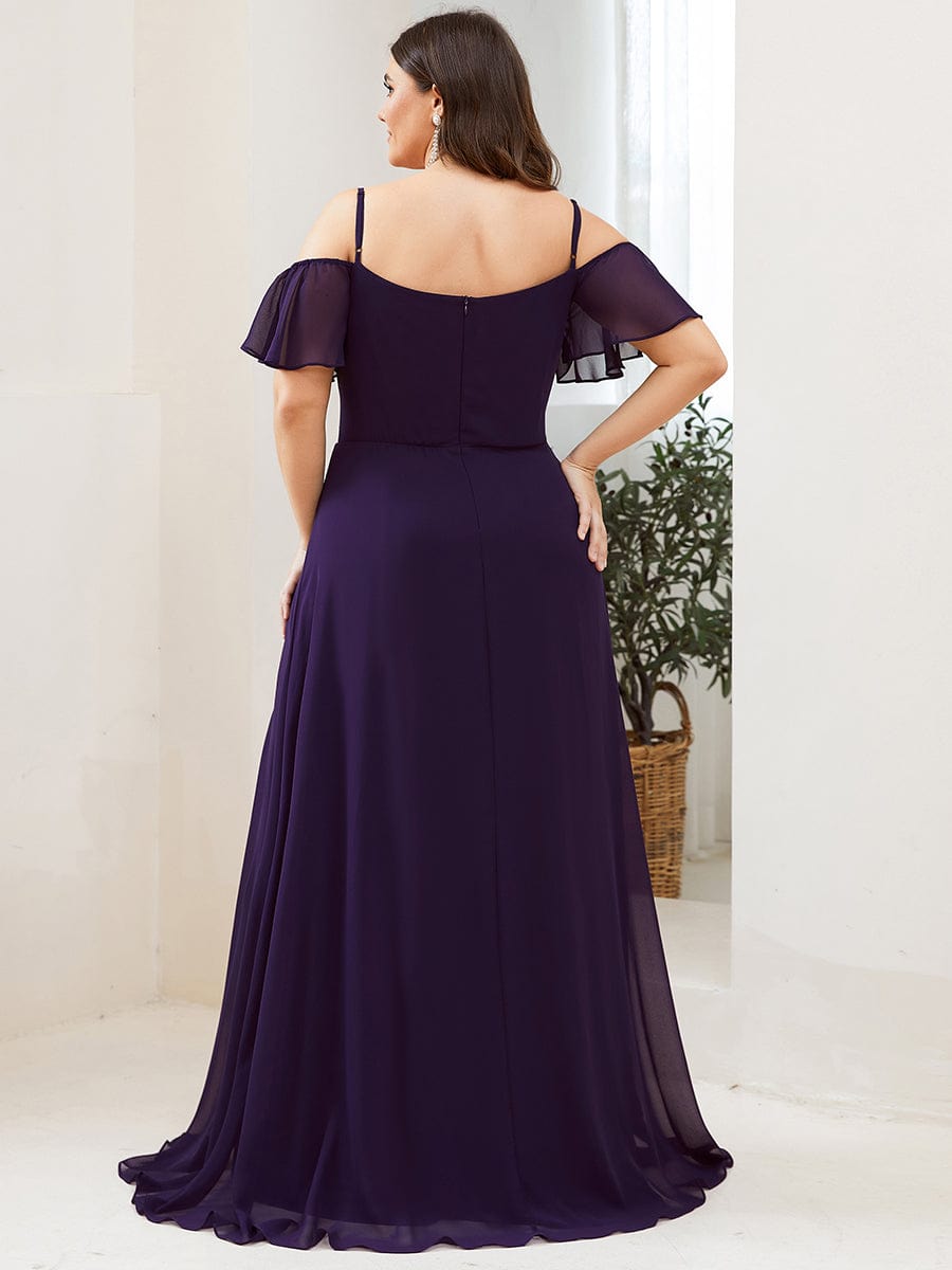 Stylish Cold Shoulder Flare Sleeves Flowy Bridesmaid Dress #color_Dark Purple