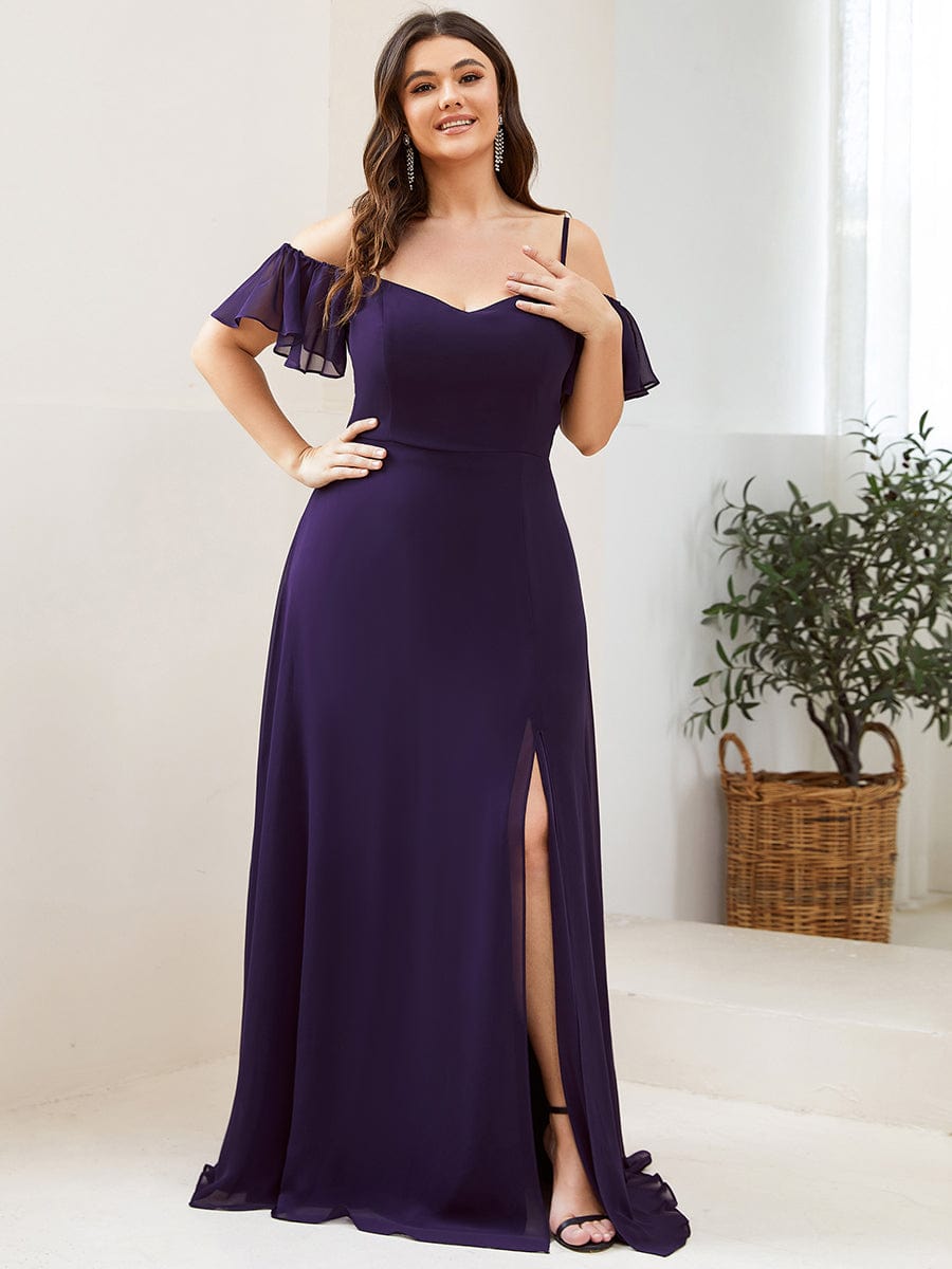 Plus Size Cold Shoulder Formal Bridesmaid Dress with Side Slit #color_Dark Purple