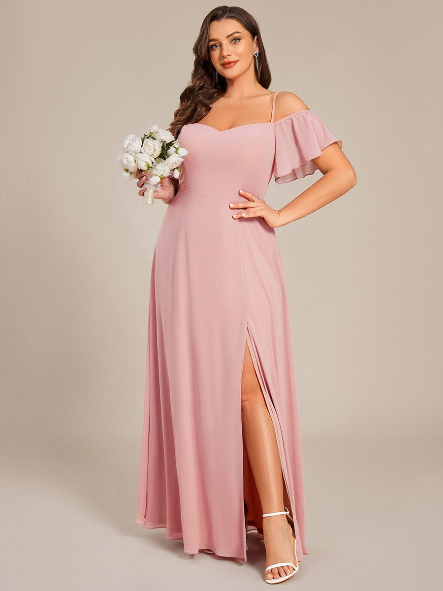 Stylish Cold Shoulder Flare Sleeves Flowy Bridesmaid Dress #color_Dusty Rose