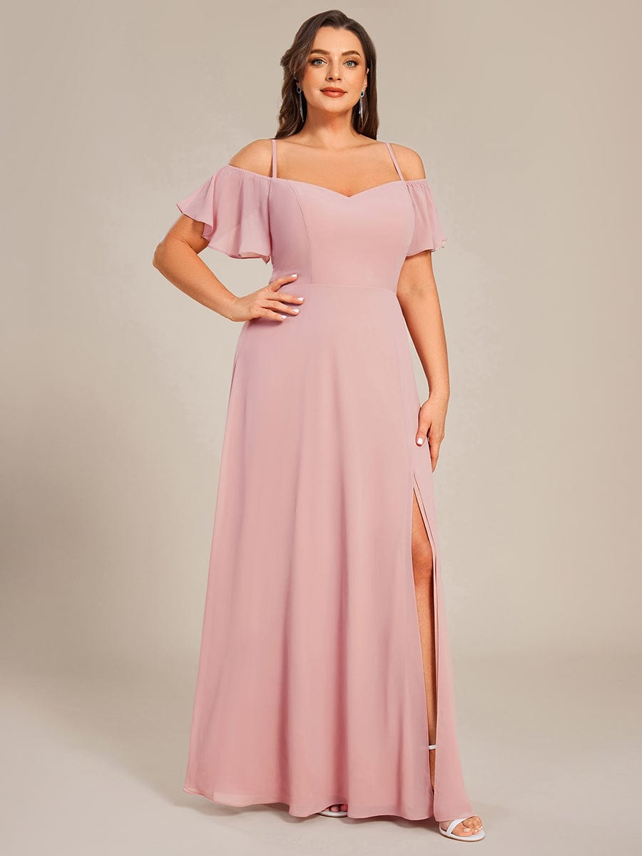 Plus Size Cold Shoulder Formal Bridesmaid Dress with Side Slit #color_Dusty Rose