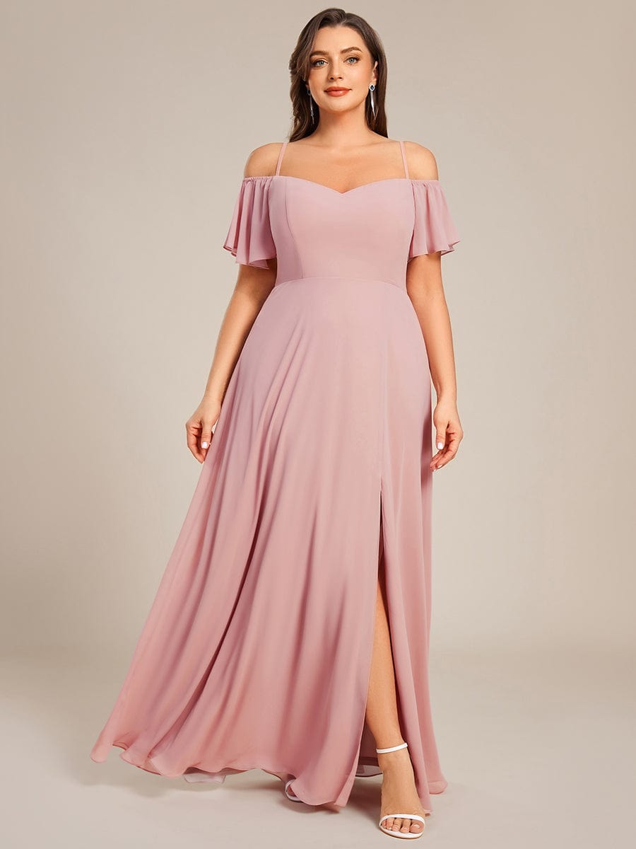 Plus Size Cold Shoulder Formal Bridesmaid Dress with Side Slit #color_Dusty Rose