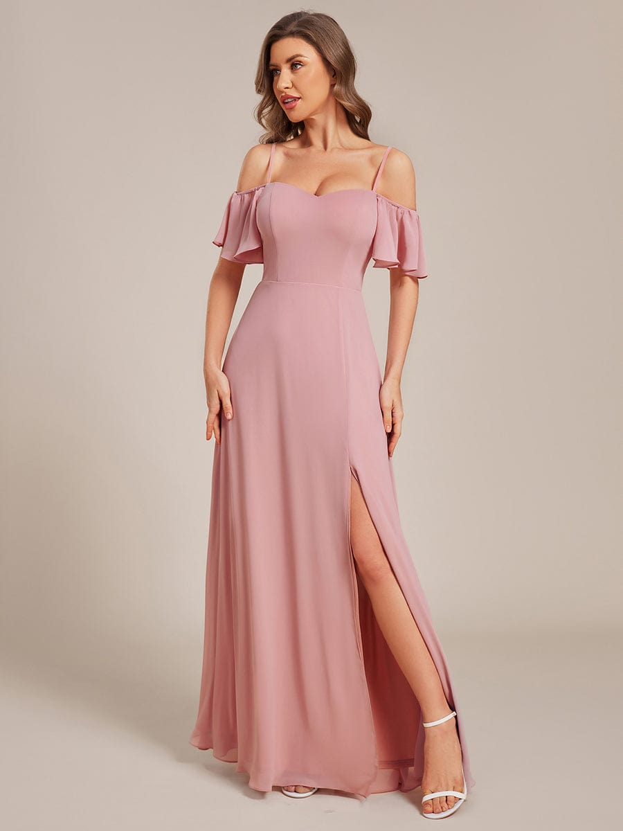 Stylish Cold Shoulder Flare Sleeves Flowy Bridesmaid Dress #color_Dusty Rose