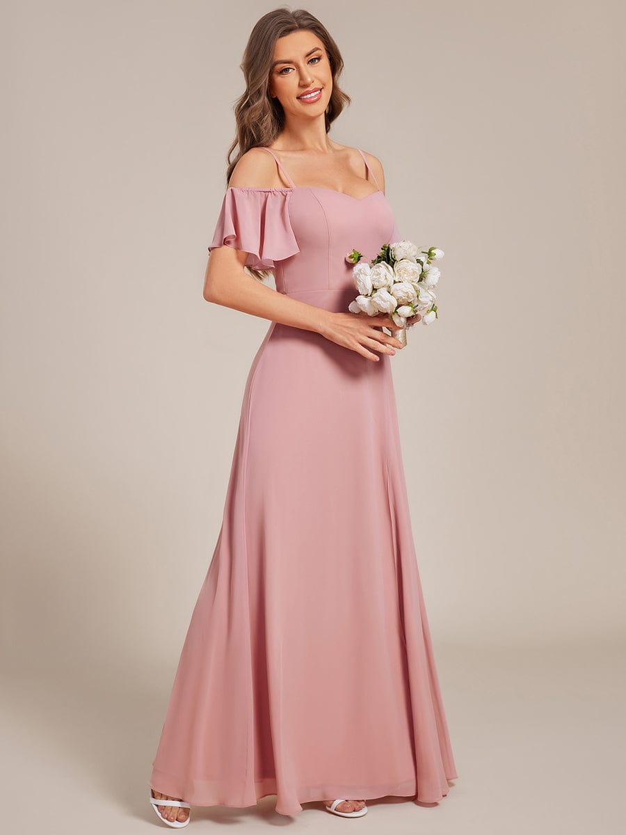 Stylish Cold Shoulder Flare Sleeves Flowy Bridesmaid Dress #color_Dusty Rose