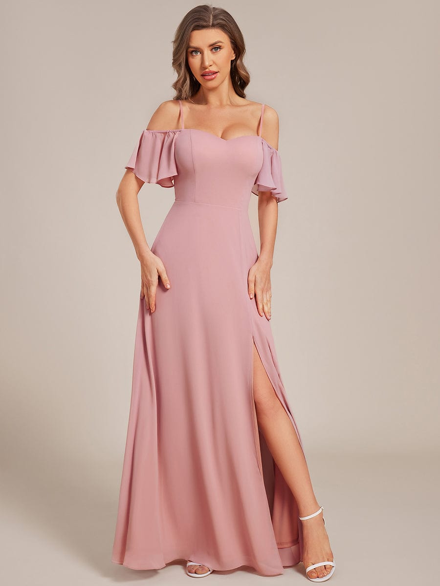 Stylish Cold Shoulder Flare Sleeves Flowy Bridesmaid Dress #color_Dusty Rose