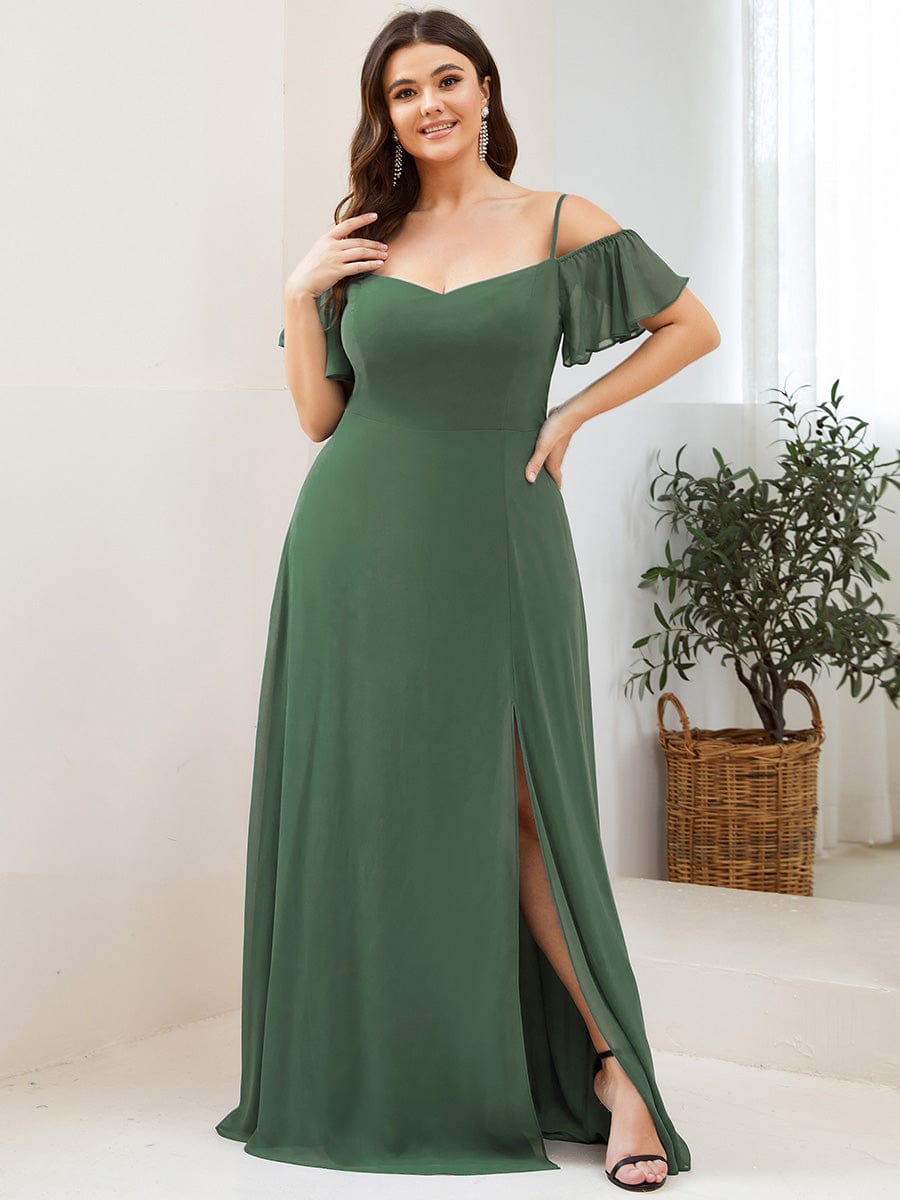 Stylish Cold Shoulder Flare Sleeves Flowy Bridesmaid Dress #color_Eucalyputs