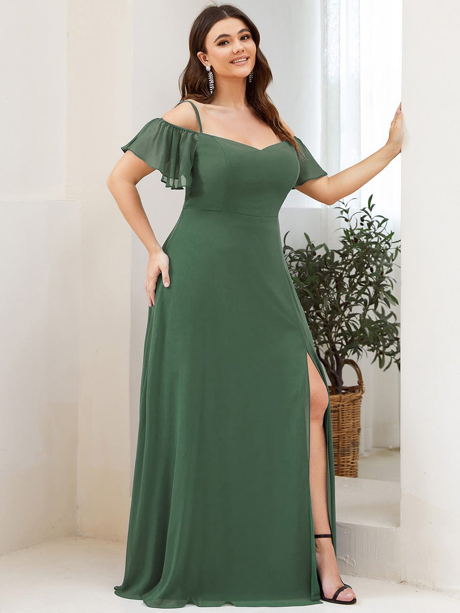 Stylish Cold Shoulder Flare Sleeves Flowy Bridesmaid Dress #color_Eucalyputs