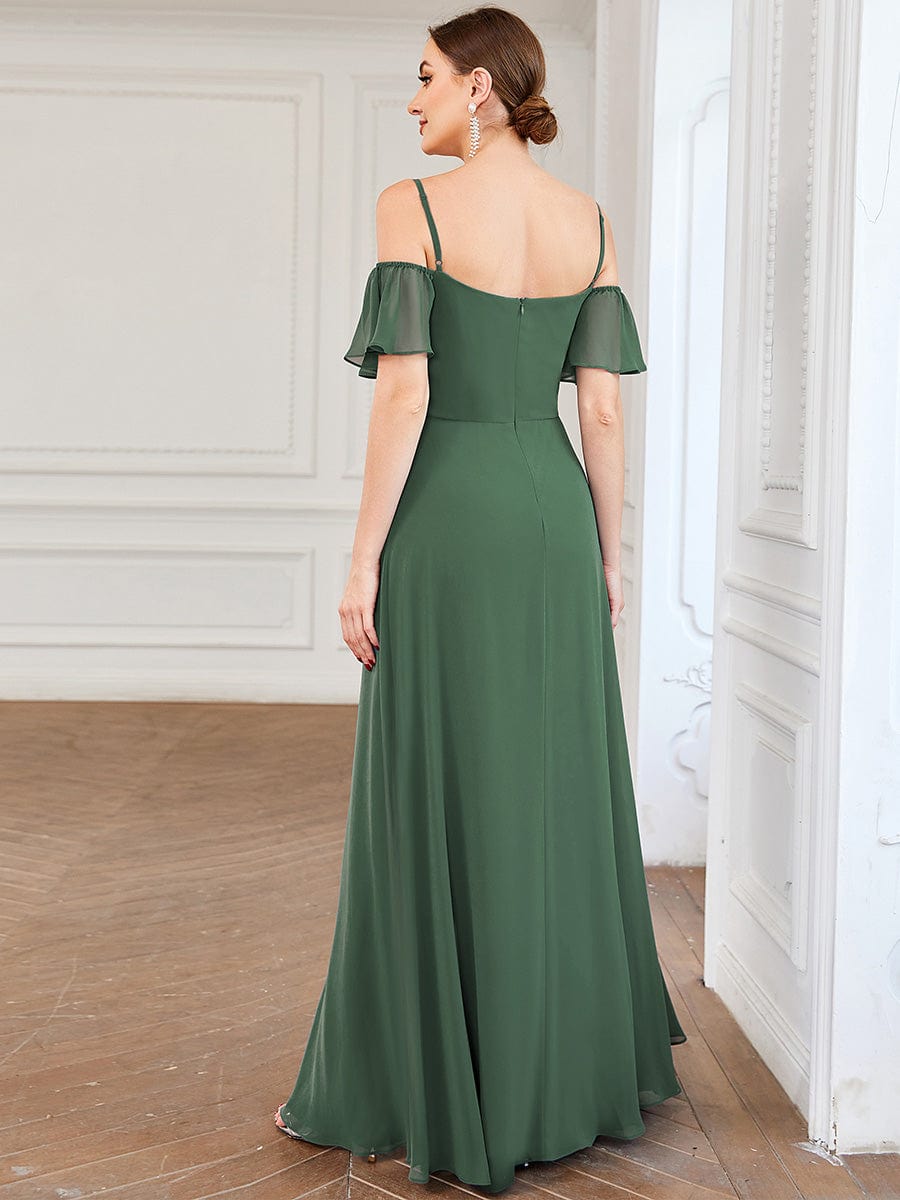 Stylish Cold Shoulder Flare Sleeves Flowy Bridesmaid Dress #color_Eucalyptus