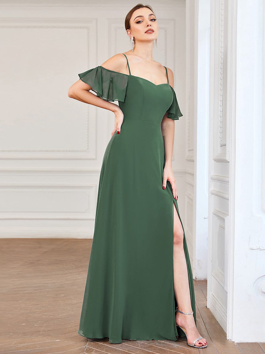 Stylish Cold Shoulder Flare Sleeves Flowy Bridesmaid Dress #color_Eucalyputs