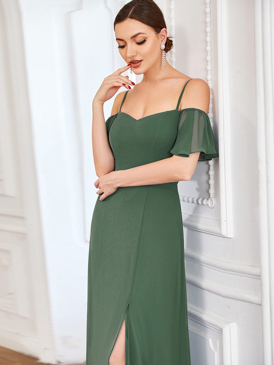 Stylish Cold Shoulder Flare Sleeves Flowy Bridesmaid Dress #color_Eucalyputs