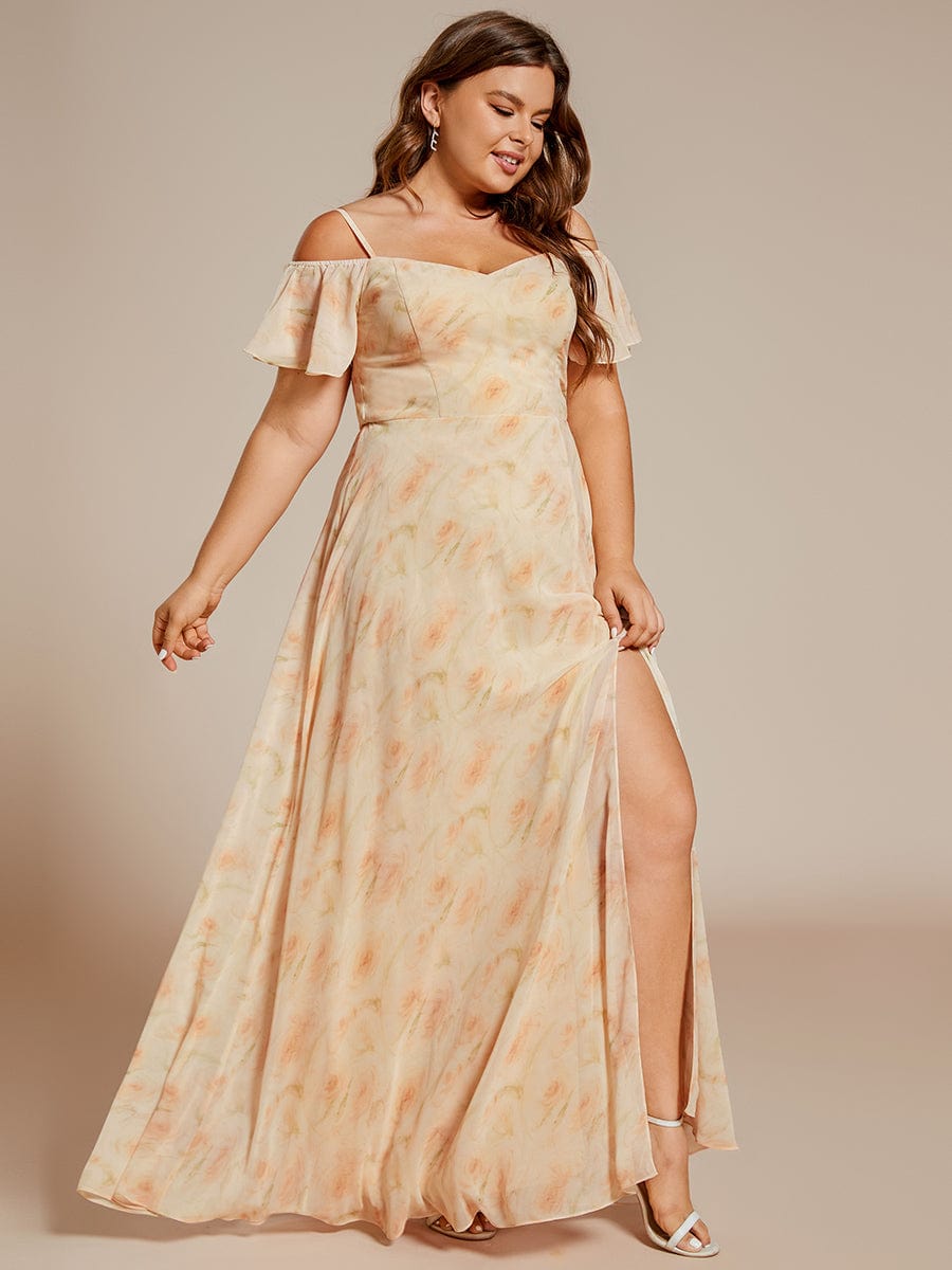 Plus Size Cold Shoulder Formal Bridesmaid Dress with Side Slit #color_Golden Roses