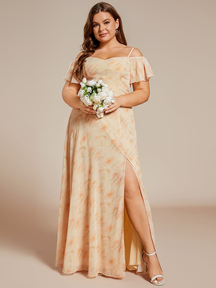 Plus Size Cold Shoulder Formal Bridesmaid Dress with Side Slit #color_Golden Roses