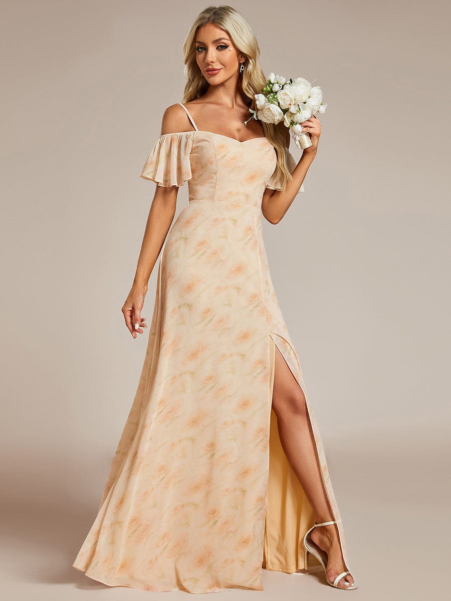 Stylish Cold Shoulder Flare Sleeves Flowy Bridesmaid Dress #color_Golden Roses