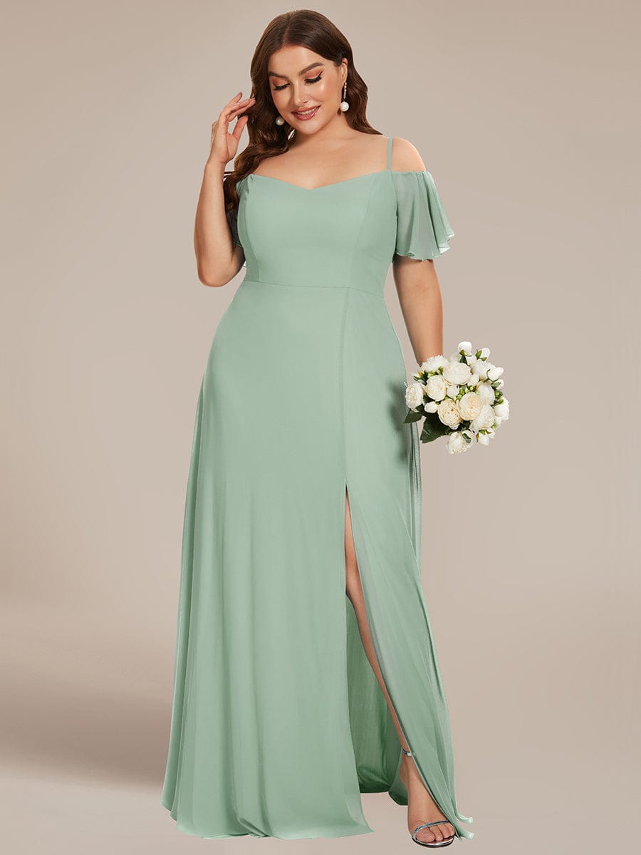 Plus Size Cold Shoulder Formal Bridesmaid Dress with Side Slit #color_Mint Green