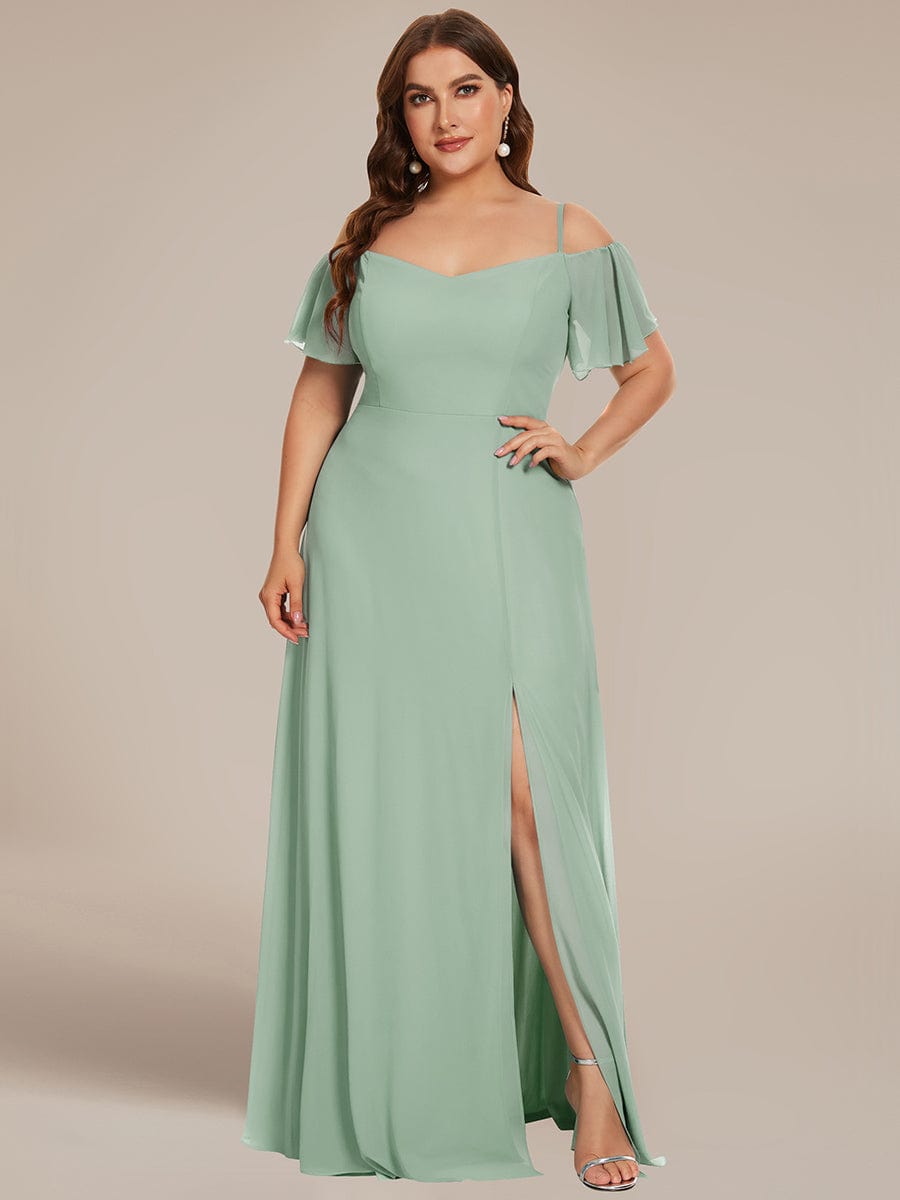 Stylish Cold Shoulder Flare Sleeves Flowy Bridesmaid Dress #color_Mint Green