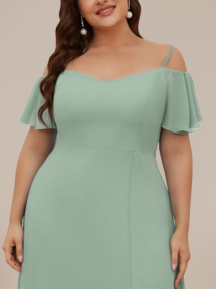 Stylish Cold Shoulder Flare Sleeves Flowy Bridesmaid Dress #color_Mint Green