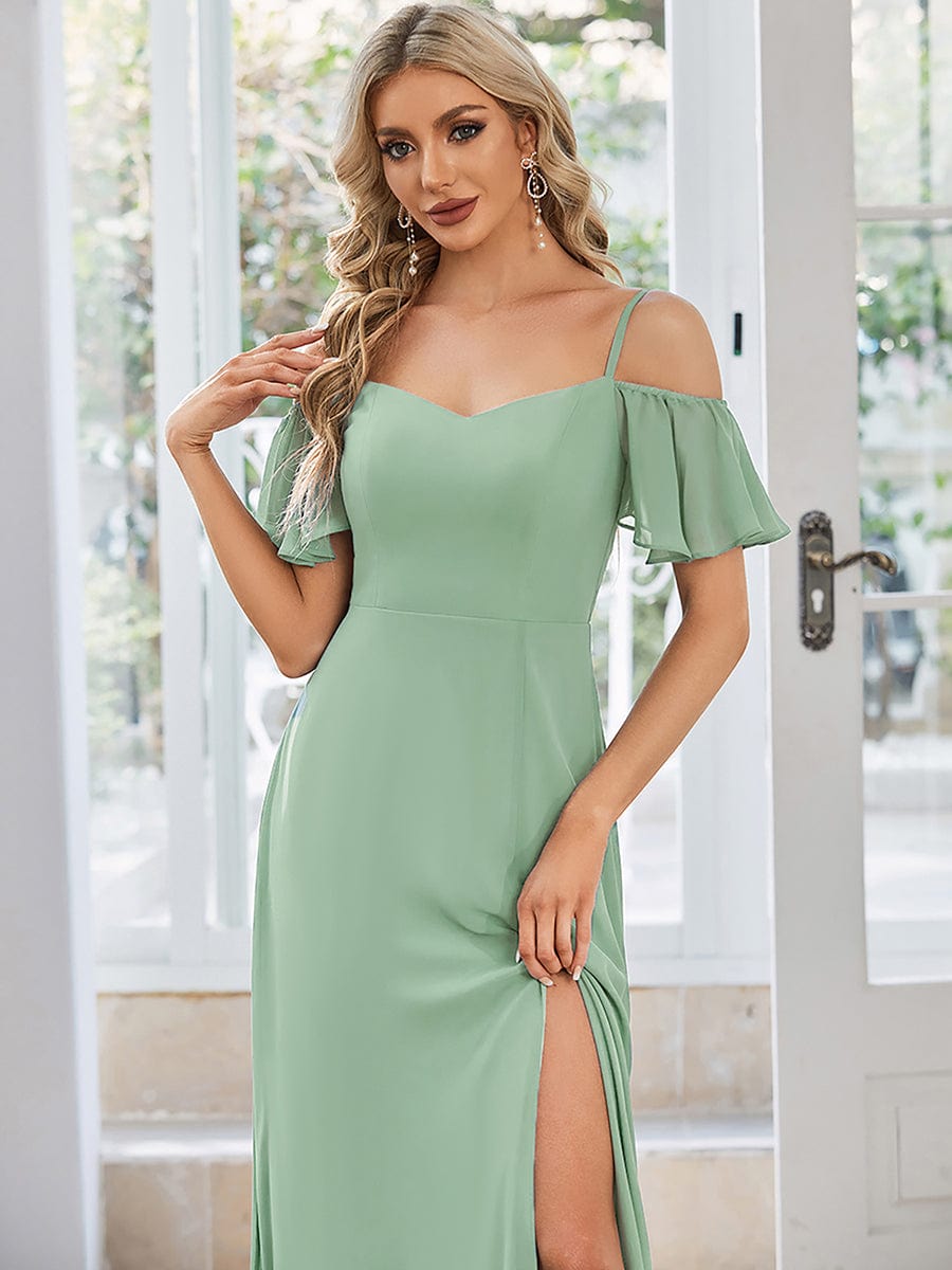 Stylish Cold Shoulder Flare Sleeves Flowy Bridesmaid Dress #color_Mint Green