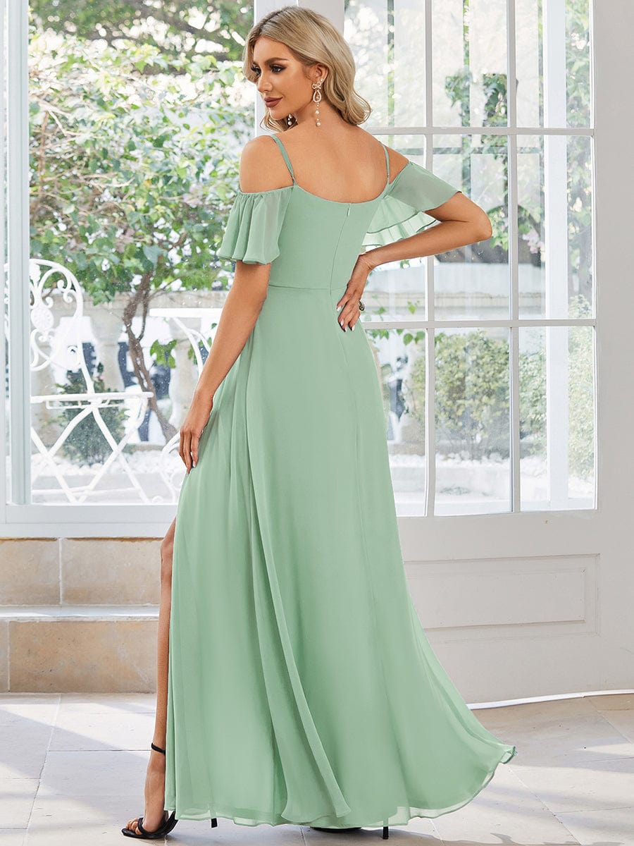 Stylish Cold Shoulder Flare Sleeves Flowy Bridesmaid Dress #color_Mint Green