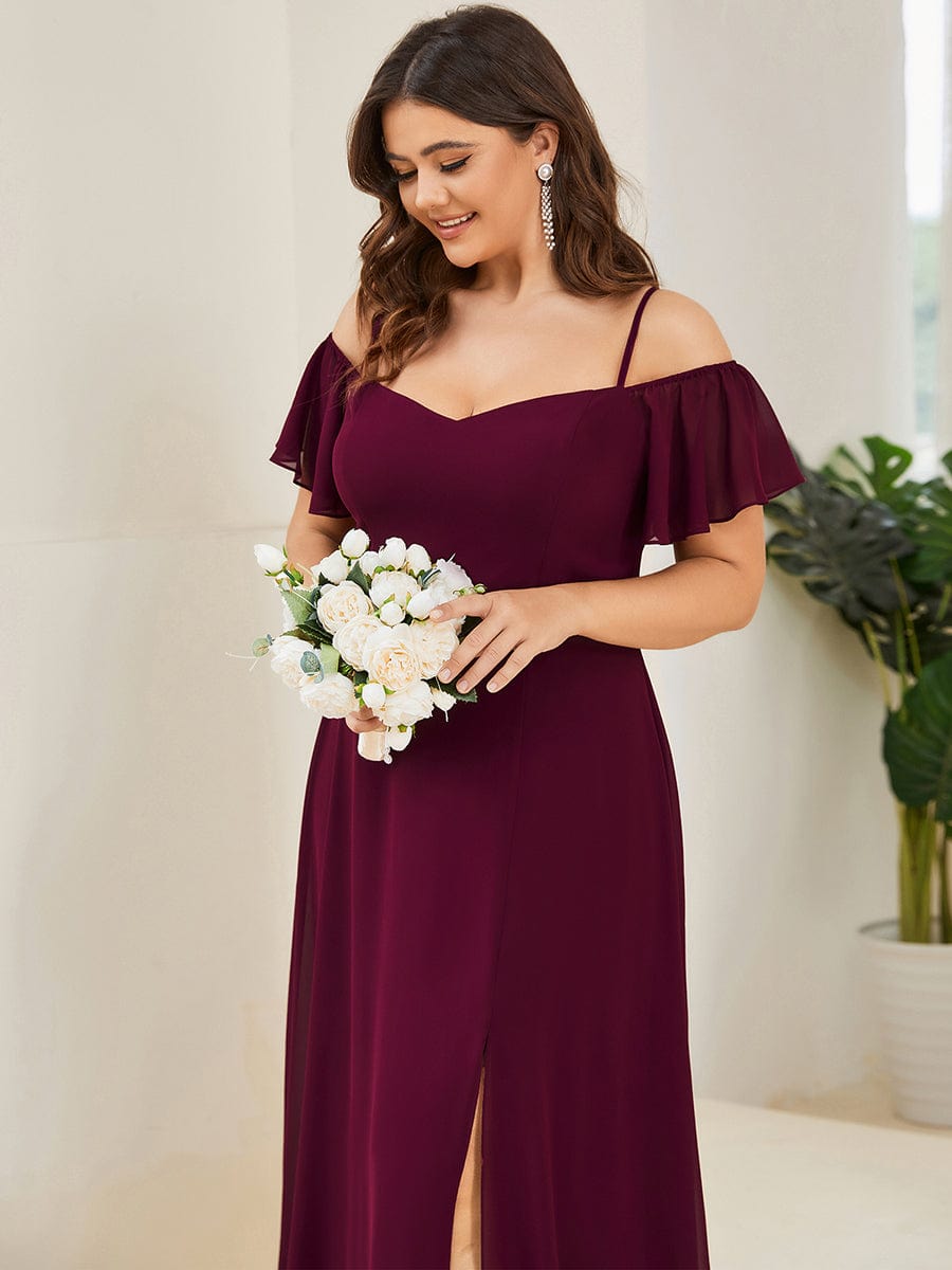 Plus Size Cold Shoulder Formal Bridesmaid Dress with Side Slit #color_Mulberry