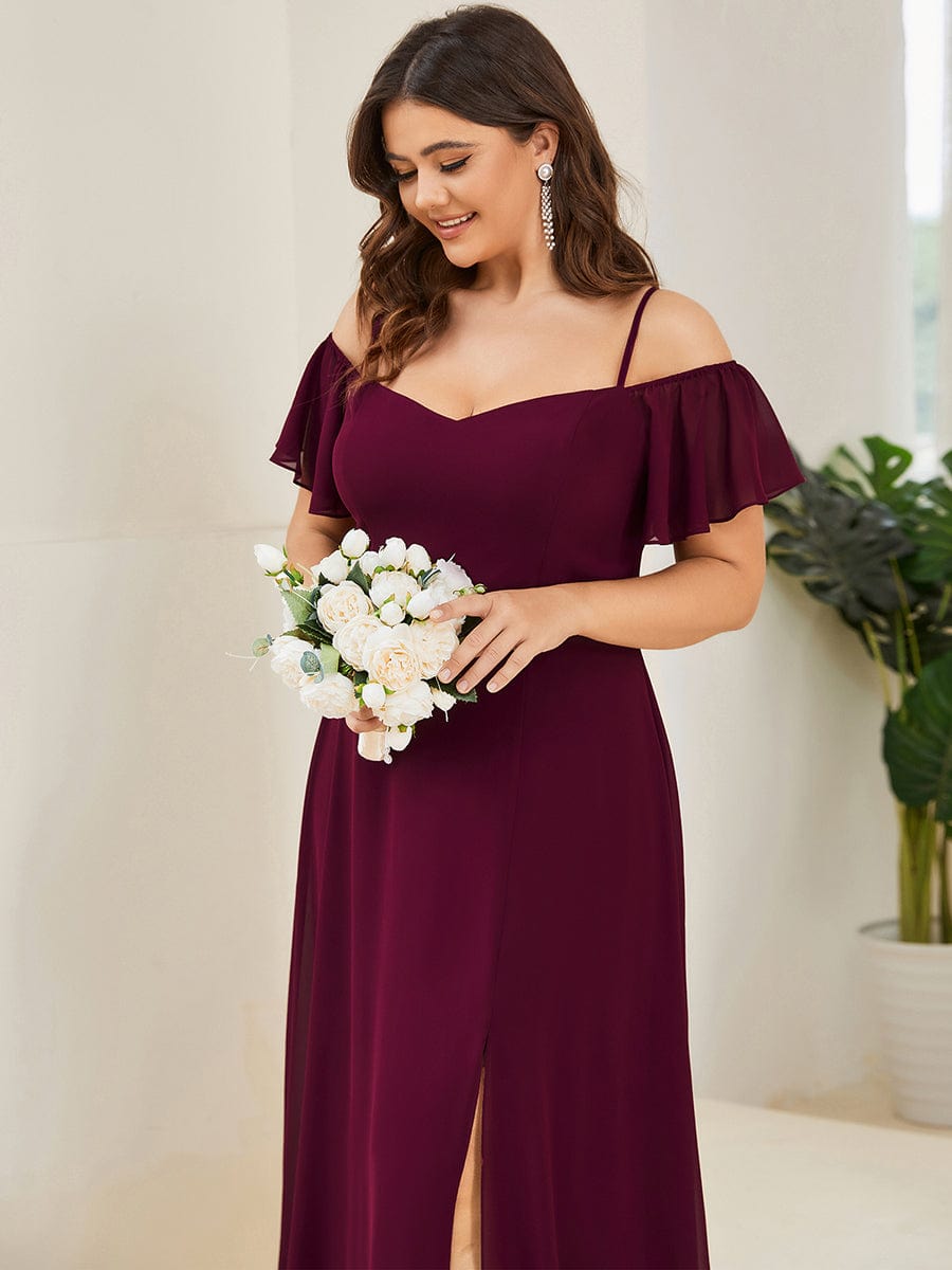 Stylish Cold Shoulder Flare Sleeves Flowy Bridesmaid Dress #color_Mulberry