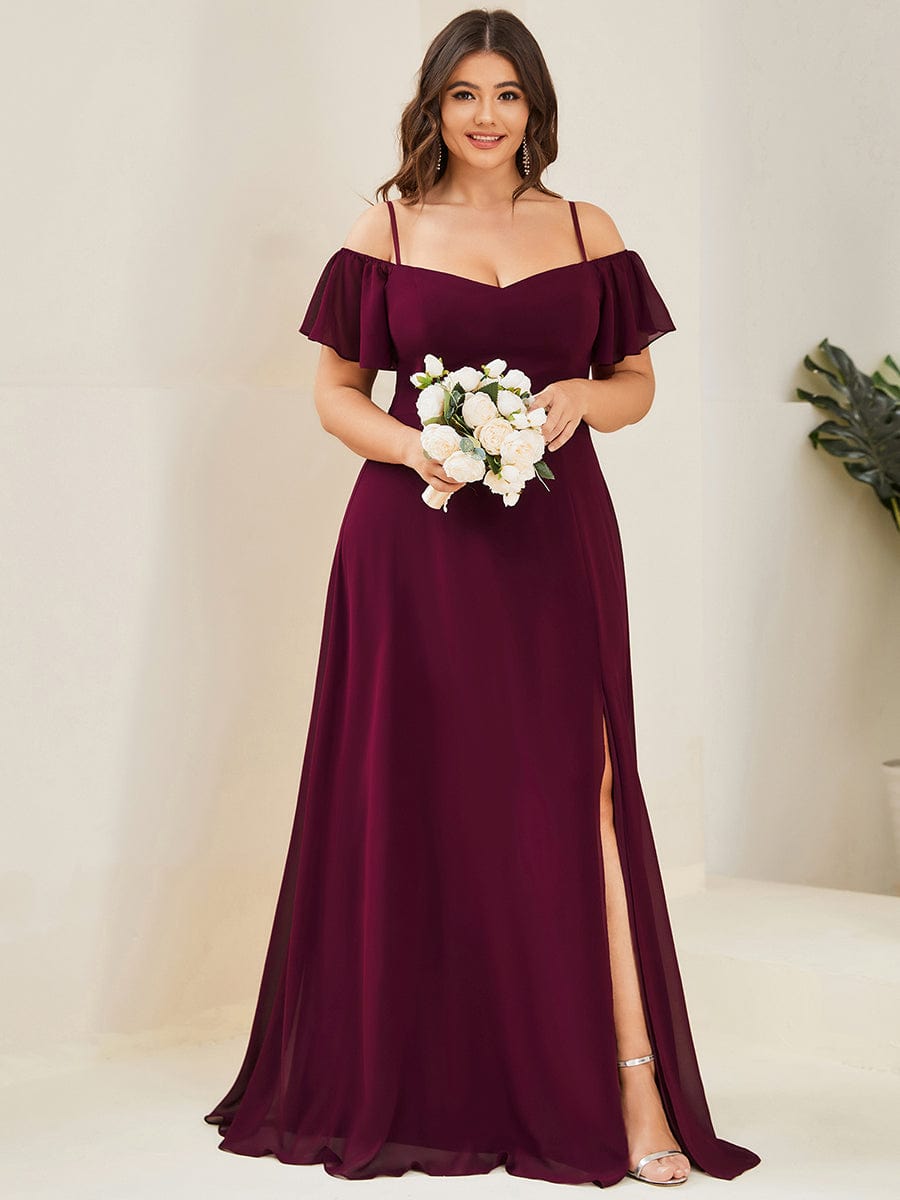 Stylish Cold Shoulder Flare Sleeves Flowy Bridesmaid Dress #color_Mulberry