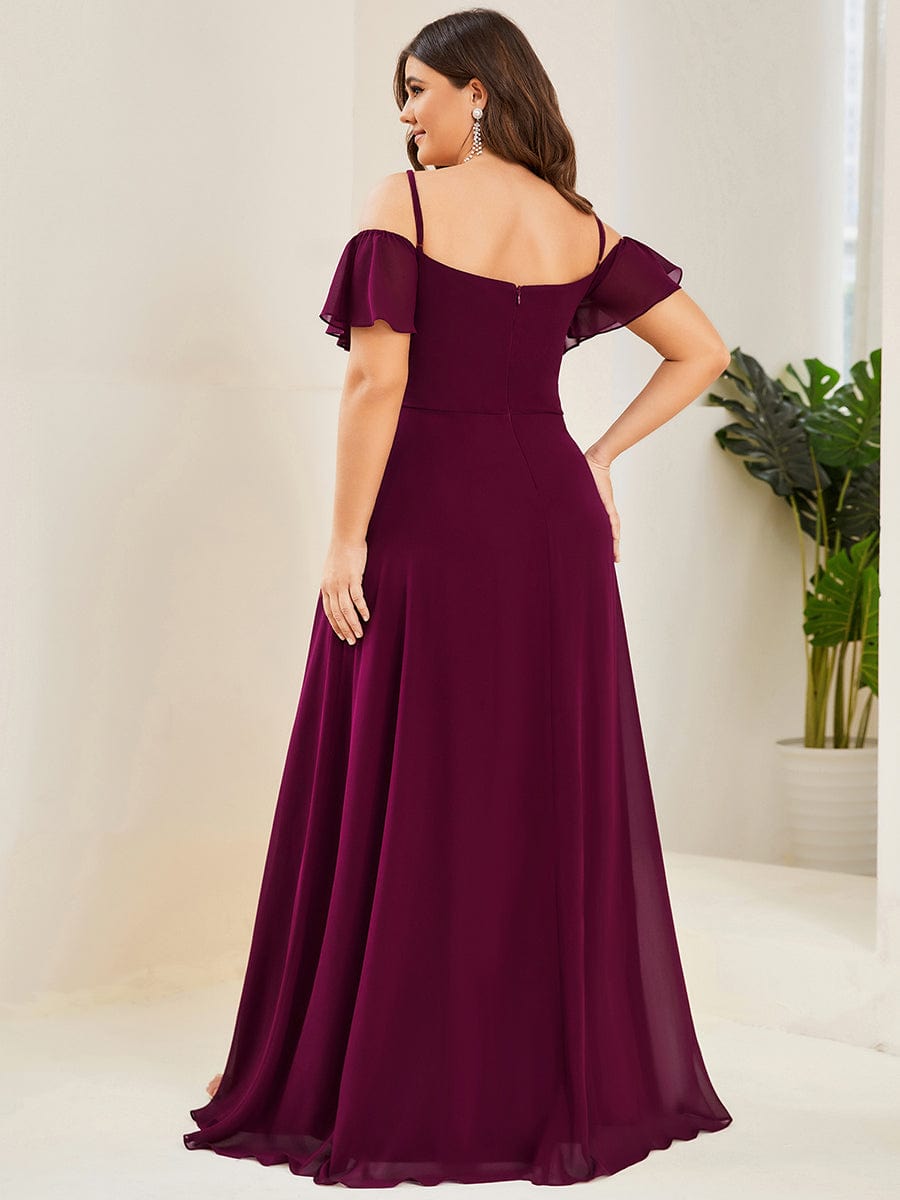 Stylish Cold Shoulder Flare Sleeves Flowy Bridesmaid Dress #color_Mulberry