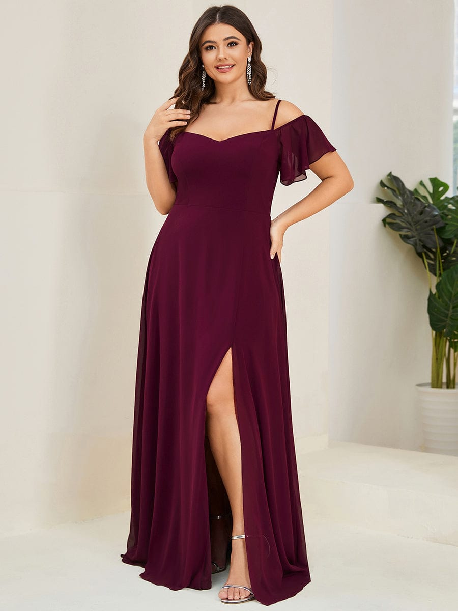 Plus Size Cold Shoulder Formal Bridesmaid Dress with Side Slit #color_Mulberry