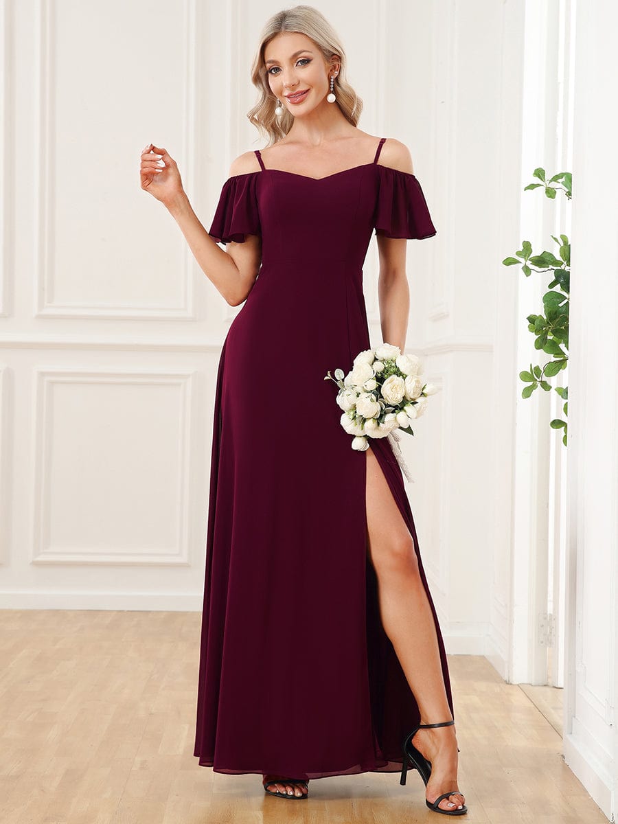 Stylish Cold Shoulder Flare Sleeves Flowy Bridesmaid Dress #color_Mulberry
