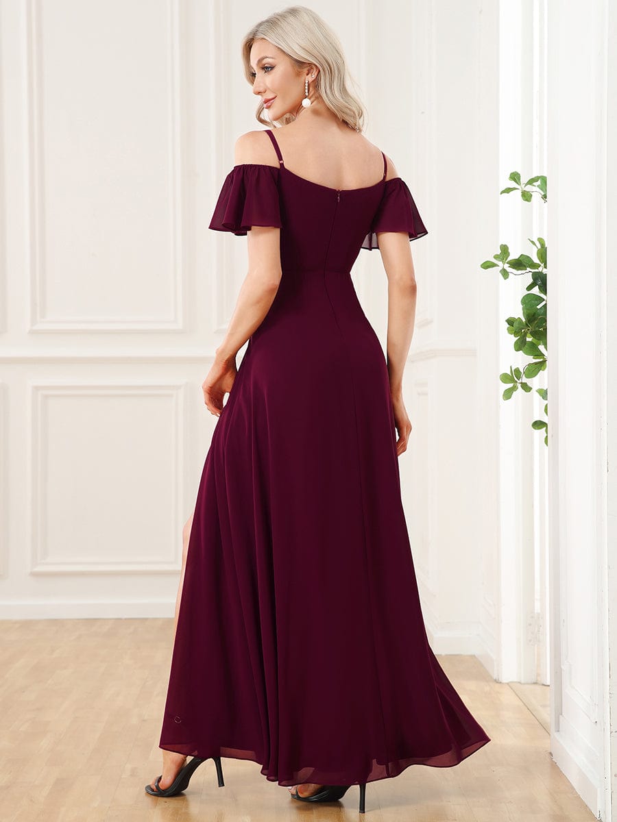 Stylish Cold Shoulder Flare Sleeves Flowy Bridesmaid Dress #color_Mulberry