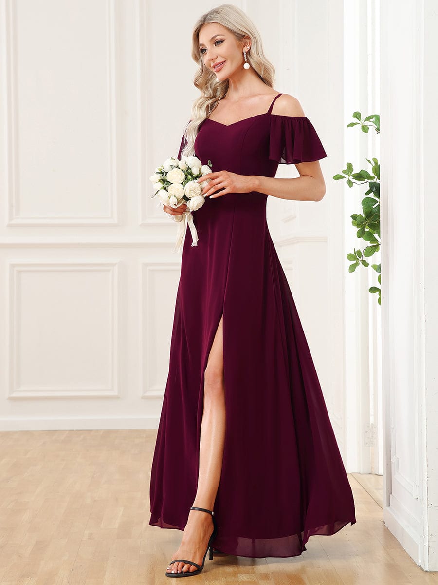 Stylish Cold Shoulder Flare Sleeves Flowy Bridesmaid Dress #color_Mulberry