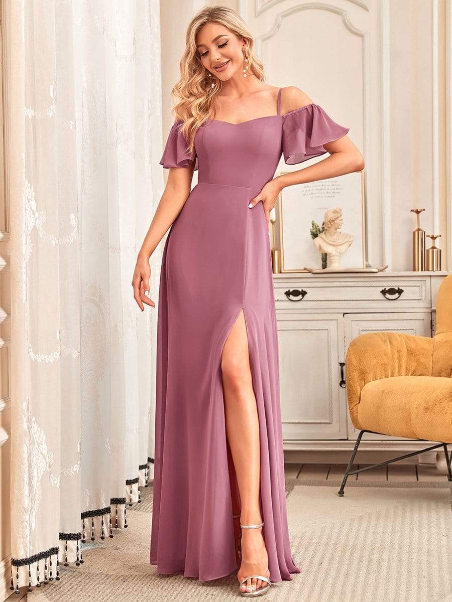Stylish Cold Shoulder Flare Sleeves Flowy Bridesmaid Dress #color_Purple Orchid 