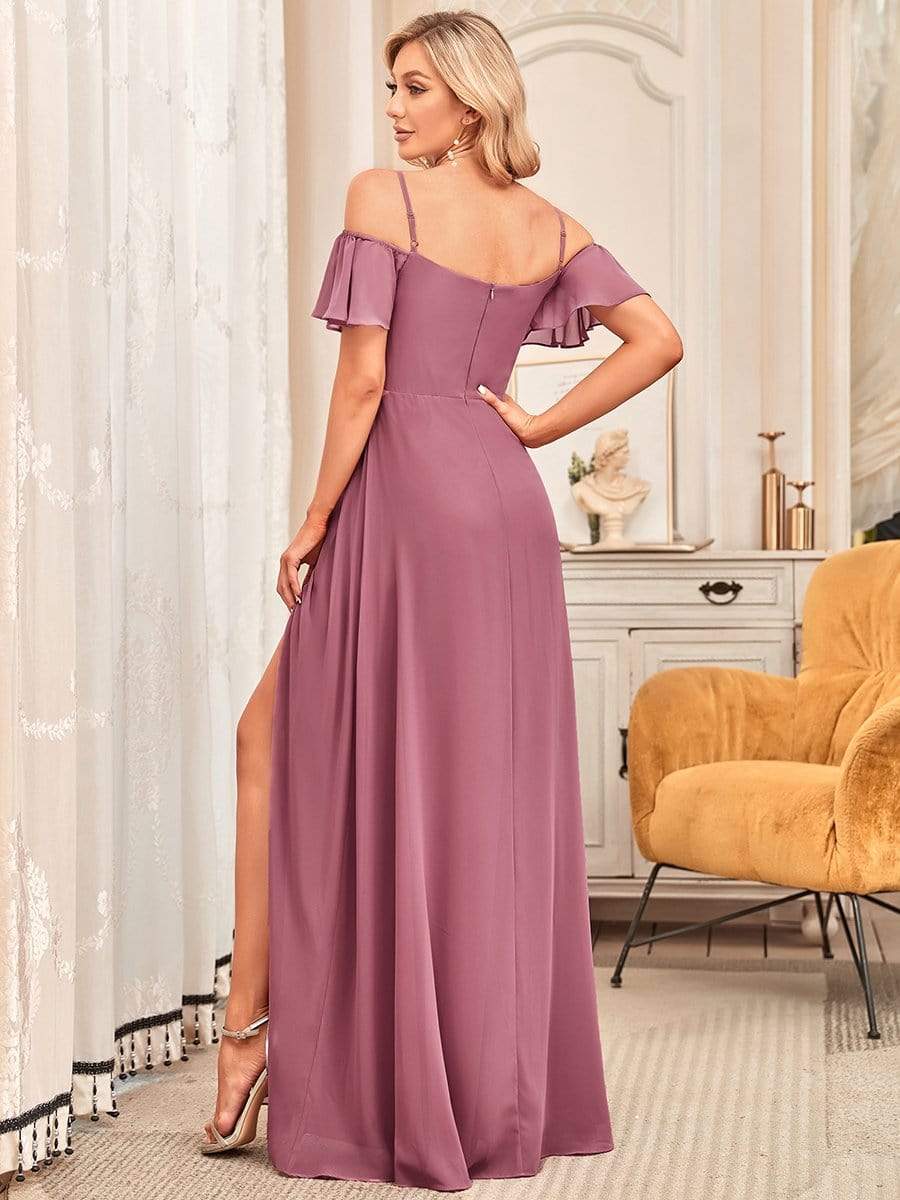 Stylish Cold Shoulder Flare Sleeves Flowy Bridesmaid Dress #color_Purple Orchid 