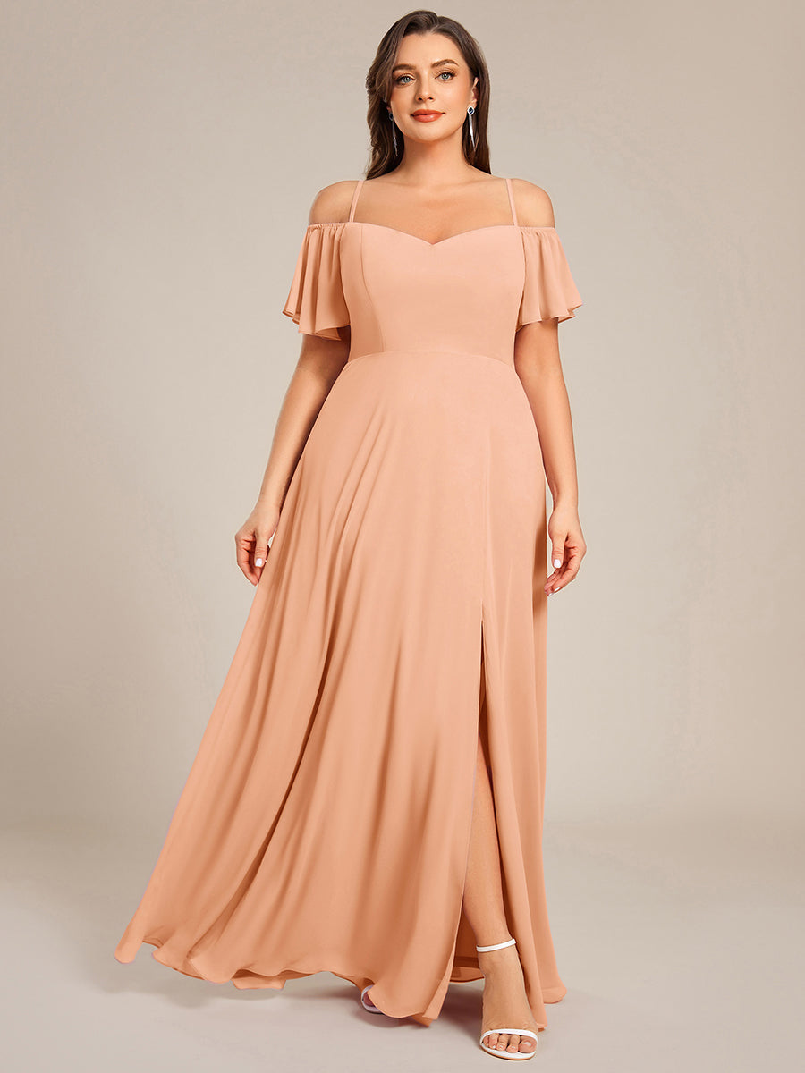 Off Shoulder High Slit Chiffon Flowy Bridesmaid Dress #color_Peach