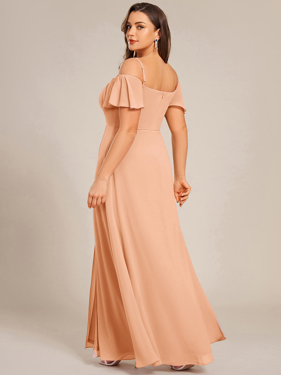 Off Shoulder High Slit Chiffon Flowy Bridesmaid Dress #color_Peach