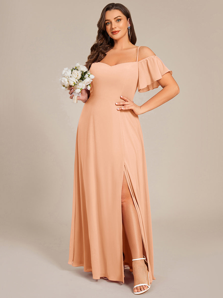 Off Shoulder High Slit Chiffon Flowy Bridesmaid Dress #color_Peach